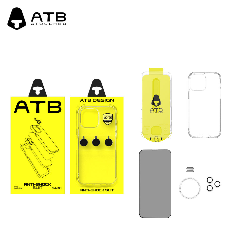 ATB 5-in-1 iPhone Case Set with Shockproof Airbag Case, Privacy Tempered Glass, Lens Protectors - Magnetic Ring and Dust Stickers for iPhone 11 and above