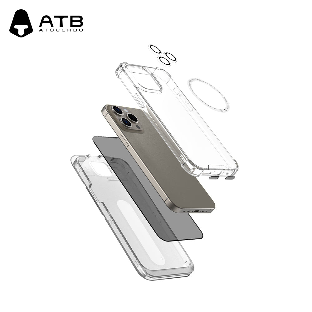 ATB 5-in-1 iPhone Case Set with Shockproof Airbag Case, Privacy Tempered Glass, Lens Protectors - Magnetic Ring and Dust Stickers for iPhone 11 and above